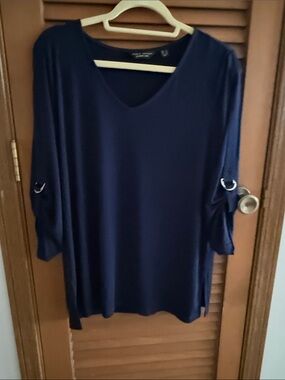 Susan Graver Navy V-Neck Roll-Tab Sleeve Tunic